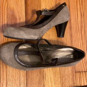 Naturalized t-strap suede shoes